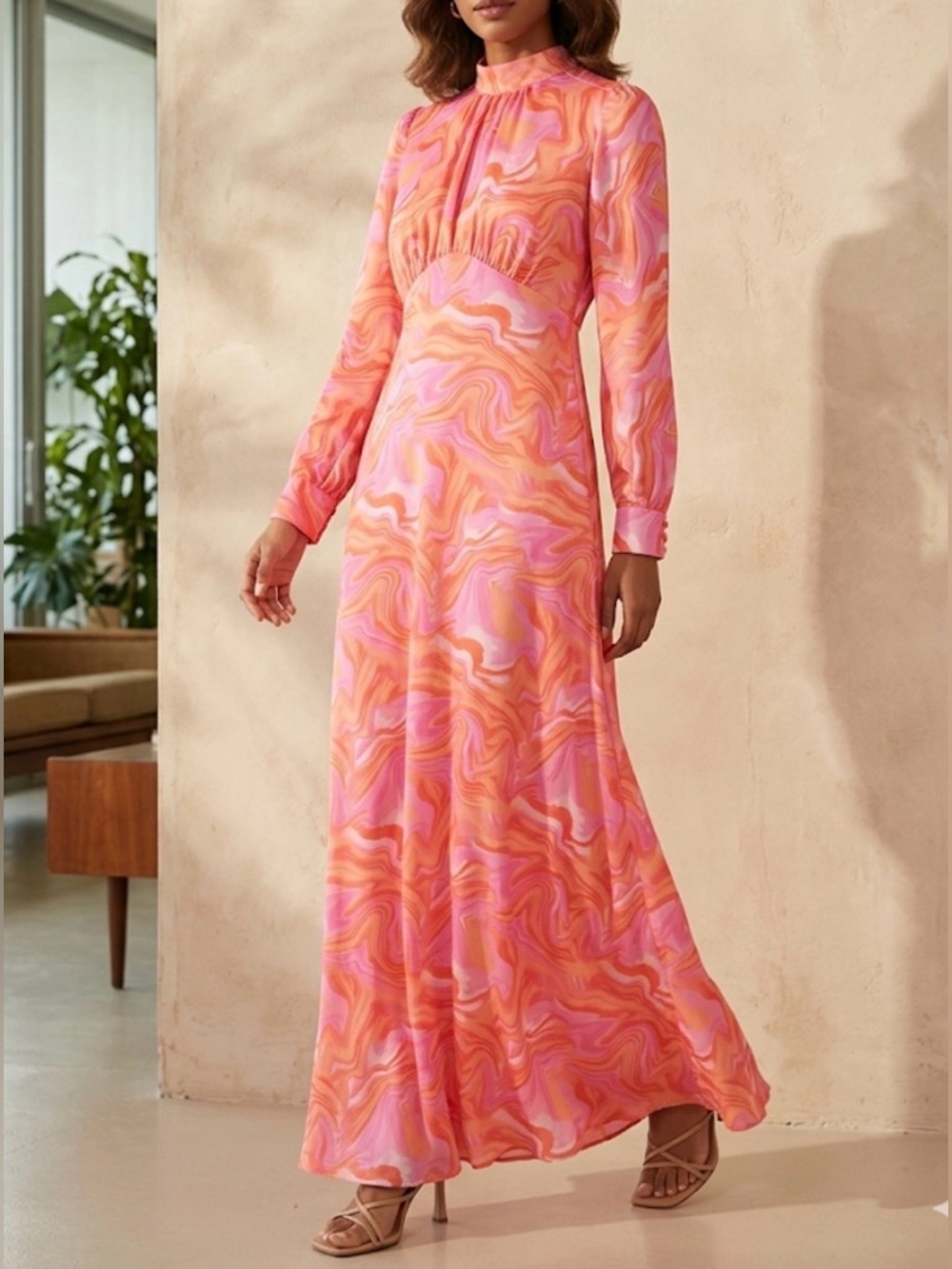 ASOS Long Sleeve Pink Orange Swirl Maxi Dress
